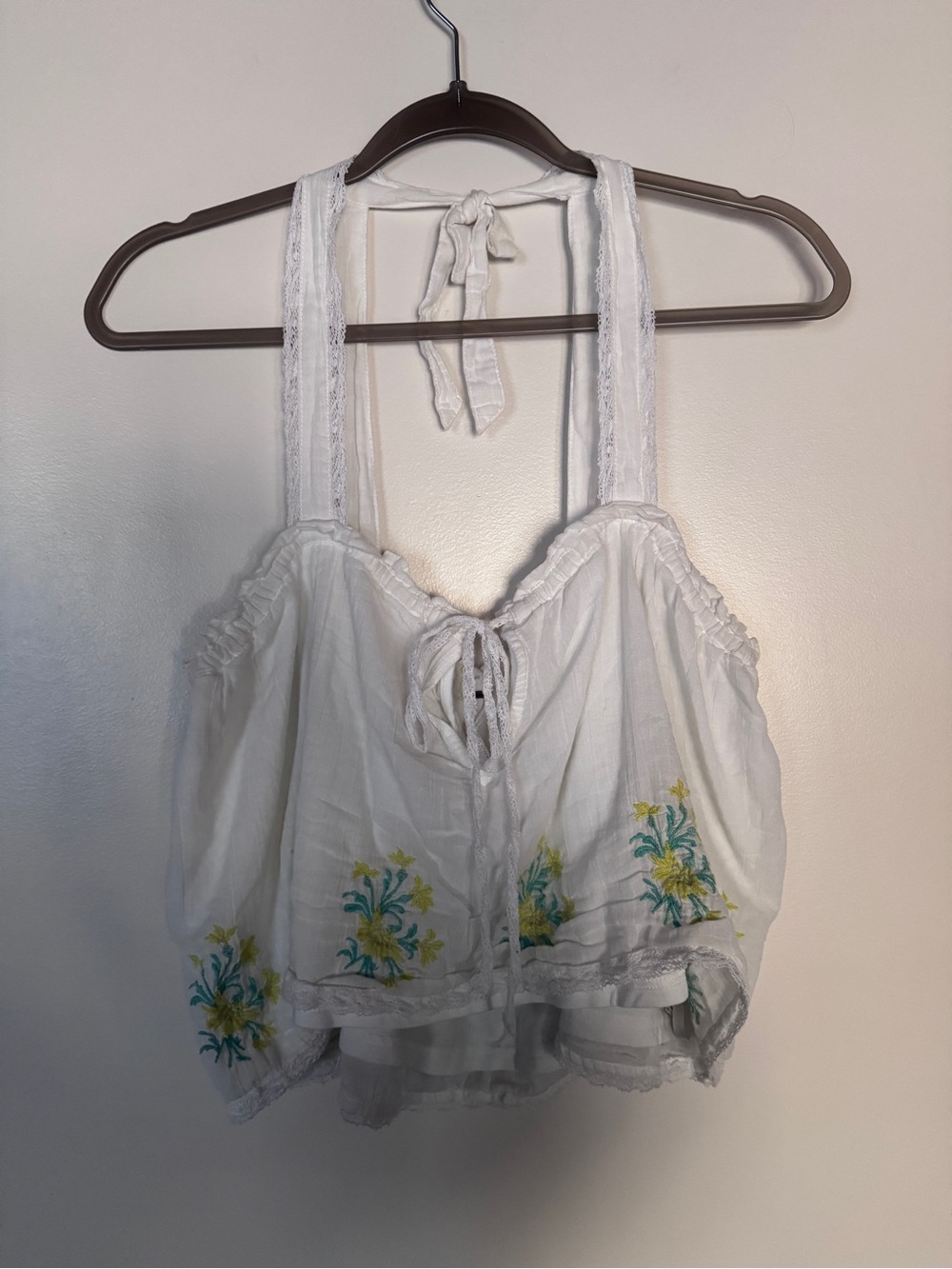 Free People White Tie-Front Tank with Yellow & Teal Floral Embroidery